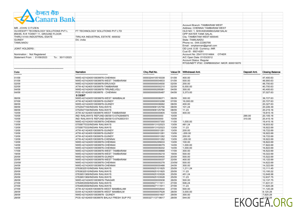 Modèle Word et PDF de relevé de la banque India Canara, 3 pages scr